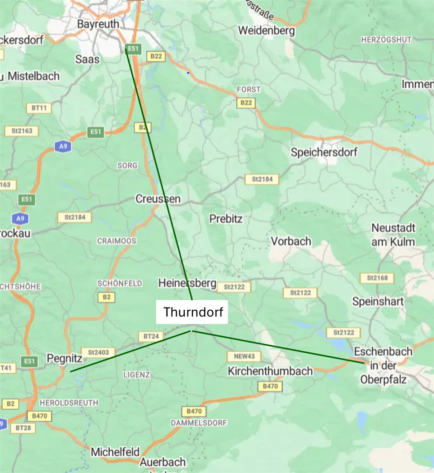 Karte: Lage von Thurndorf mit Entfernungen nach Bayreuth, Pegnitz und Eschenbach